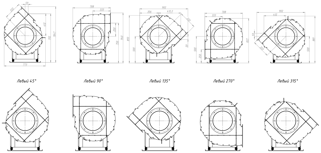 Габаритные и присоединительные размеры: Вентилятор пылевой ВЦП 7-40 №5 исп. 1 · 2